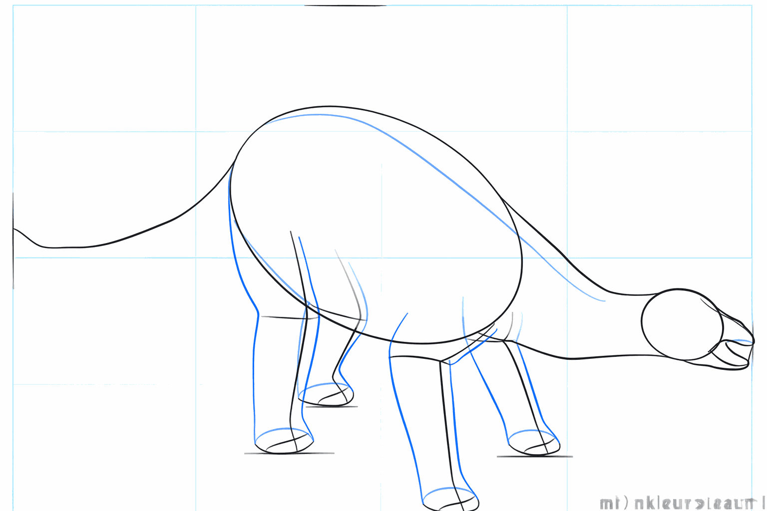 Les pattes du dinosaure prennent forme avec des ovales épais et le museau devient plus net.