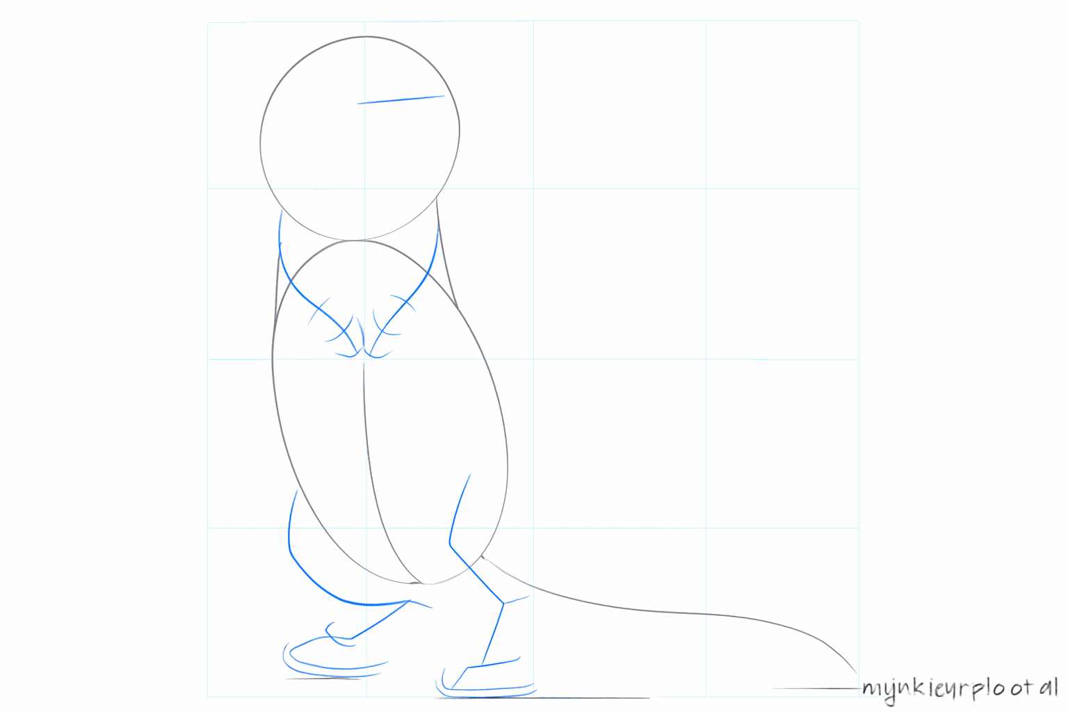 Lignes de construction pour les oreilles sur la tête et les positions des pattes en bas.