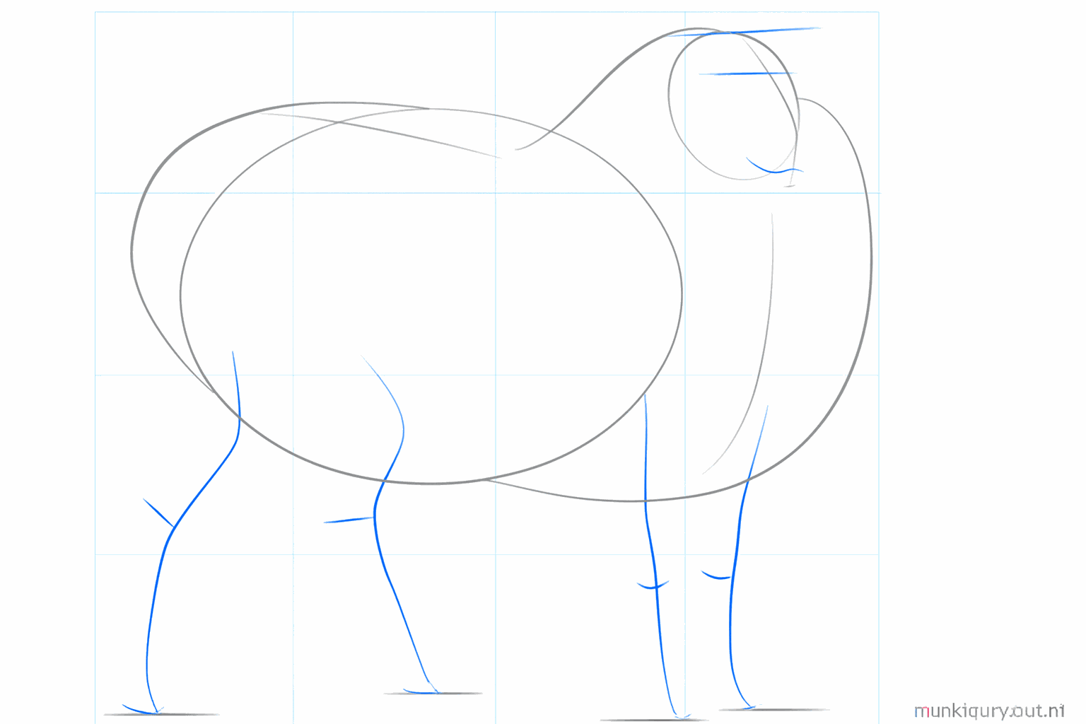 Croquis avec des lignes pour la position des pattes et des oreilles du mouton.