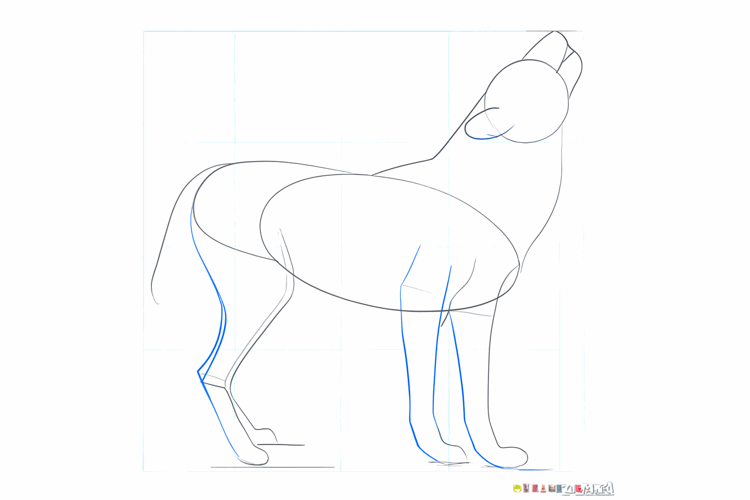 The wolf's snout points upwards and the ears are on top of the head.