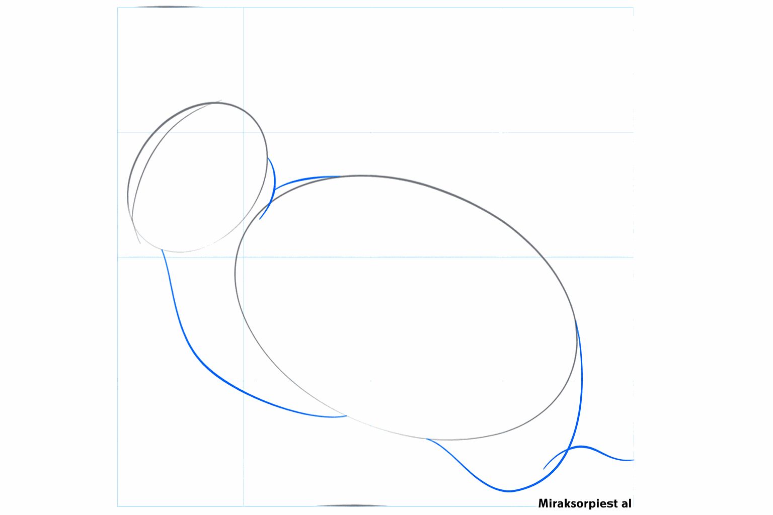 Lignes de construction reliant la tête au corps et une ligne pour la queue.