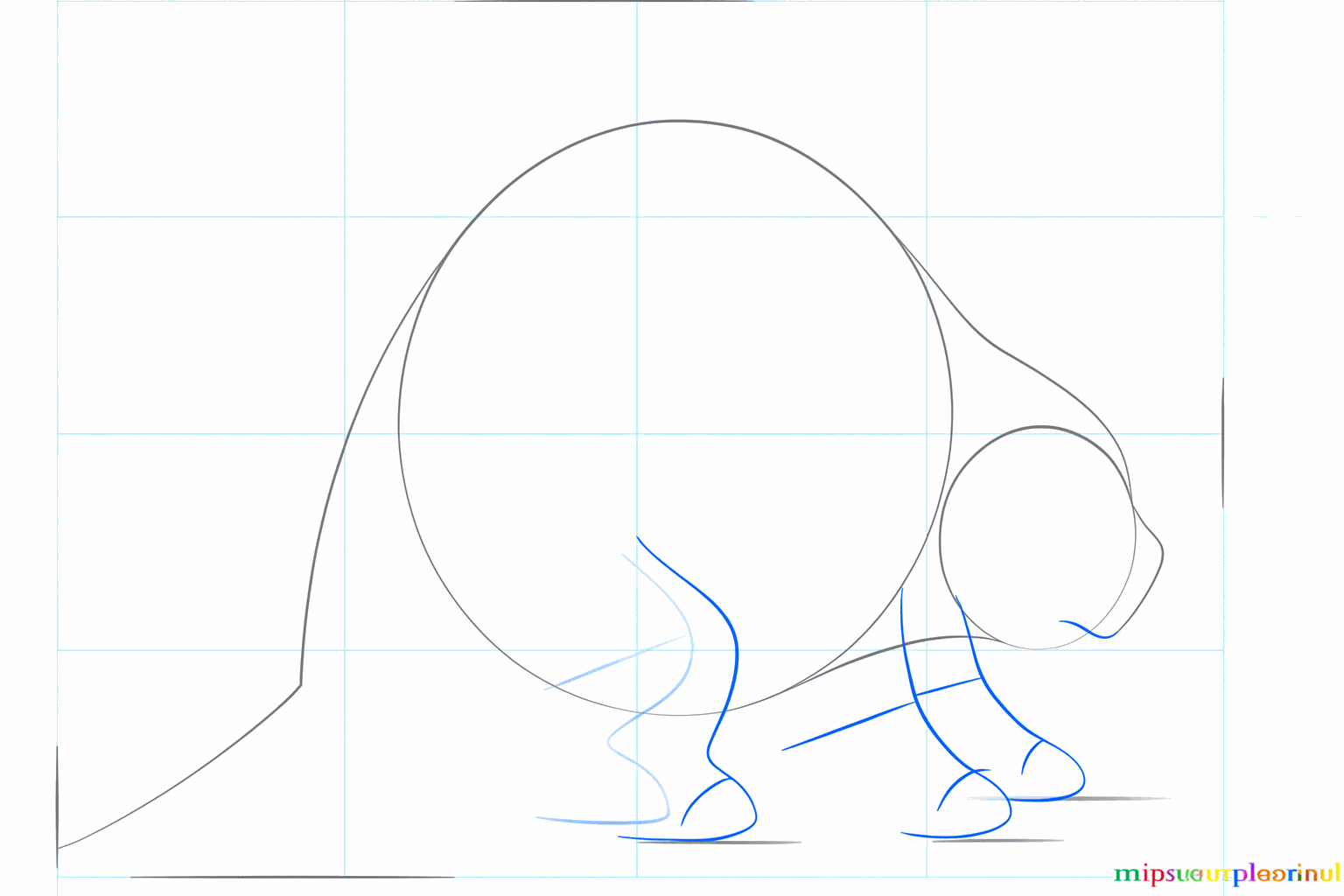 Petits traits sous le corps pour la position des pattes.