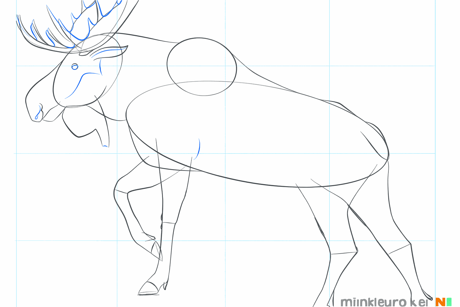 Füge Spitzen am Geweih hinzu und zeichne das Gesicht und das Fell.