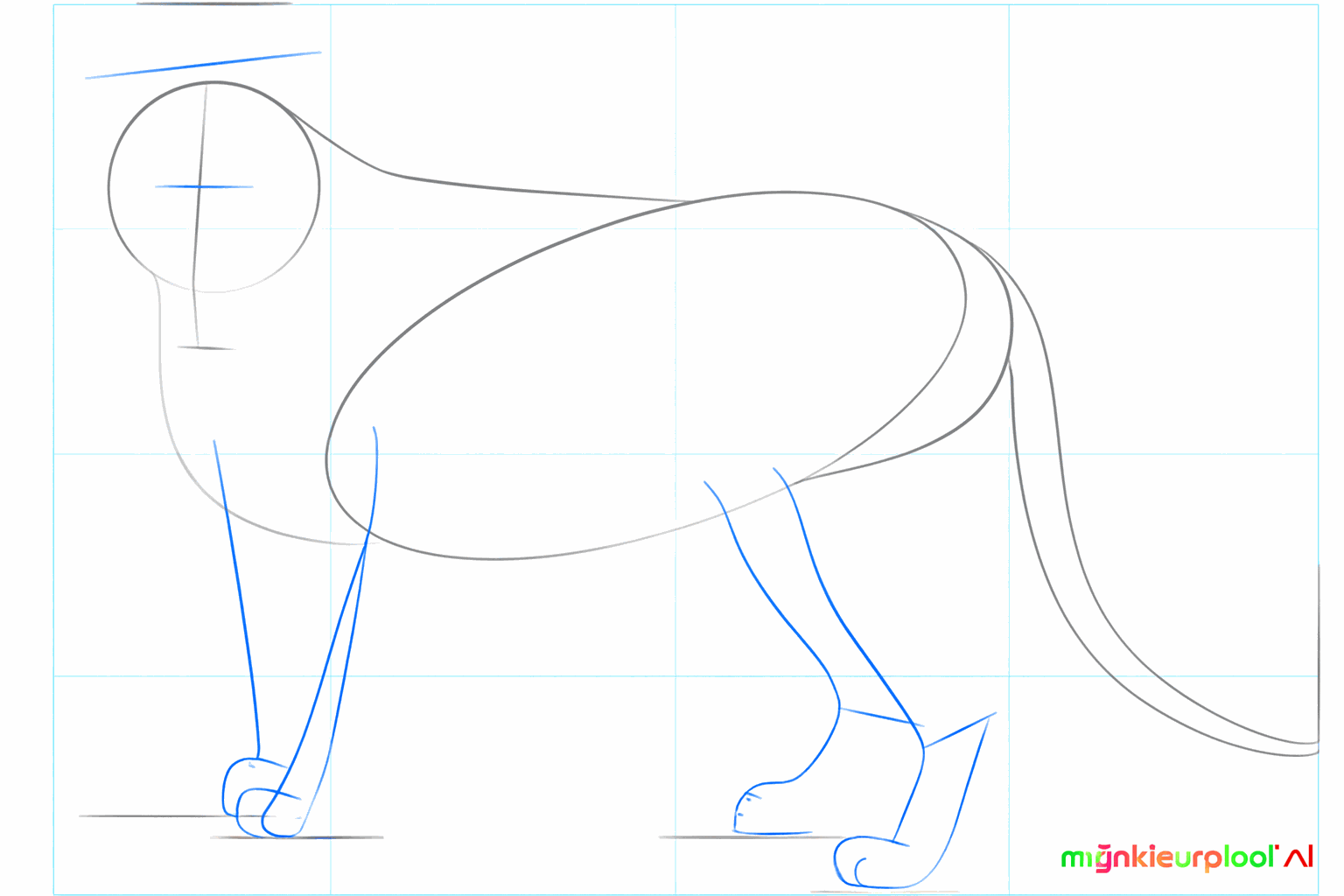 Lignes de repère pour les yeux sur la tête et lignes droites pour les pattes.
