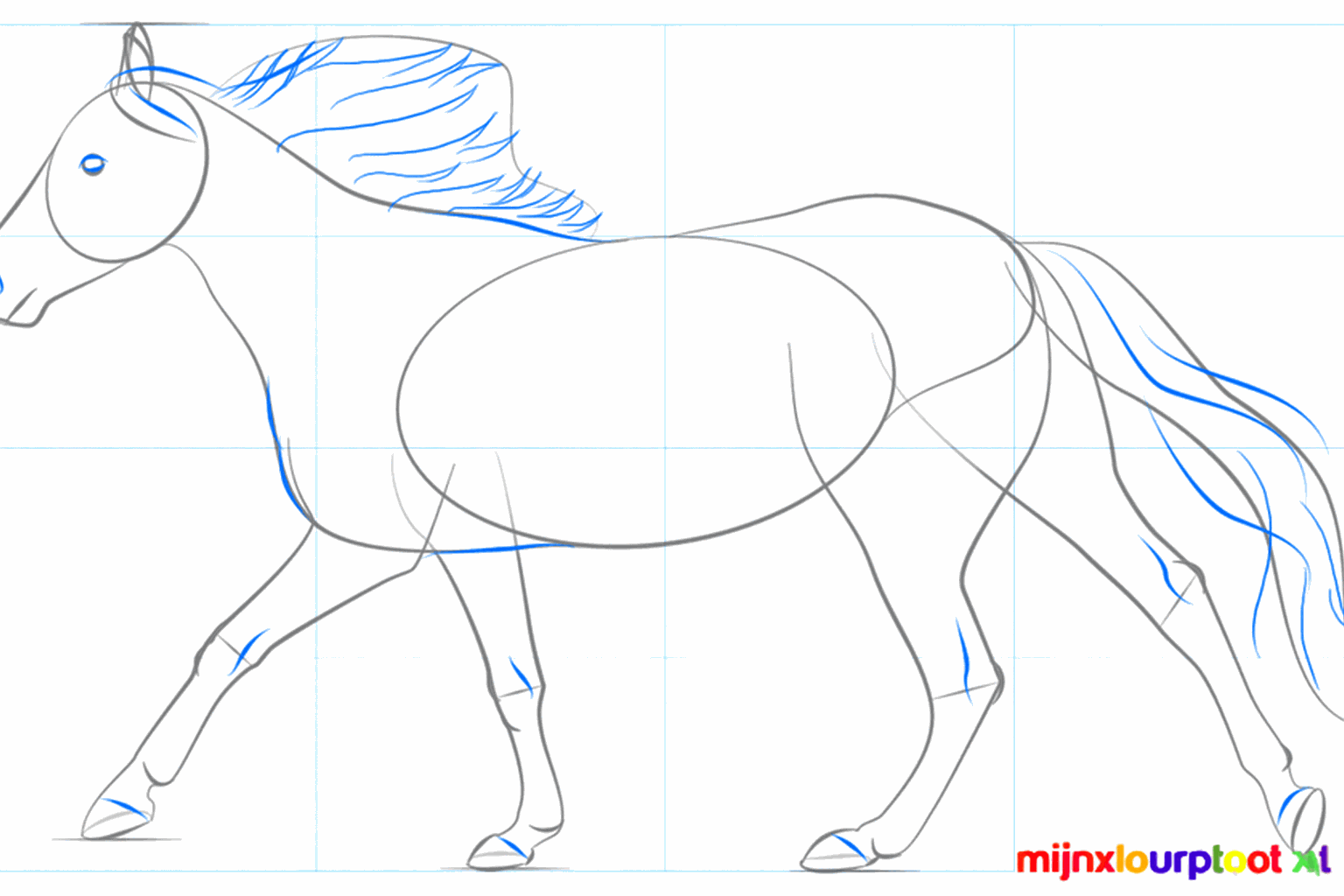 Draw a full, flowing tail behind the horse.