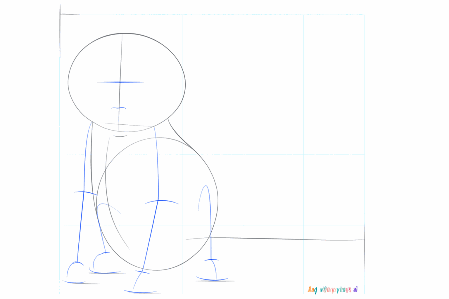 Lignes de construction sur le visage et tirets pour la position des pattes.