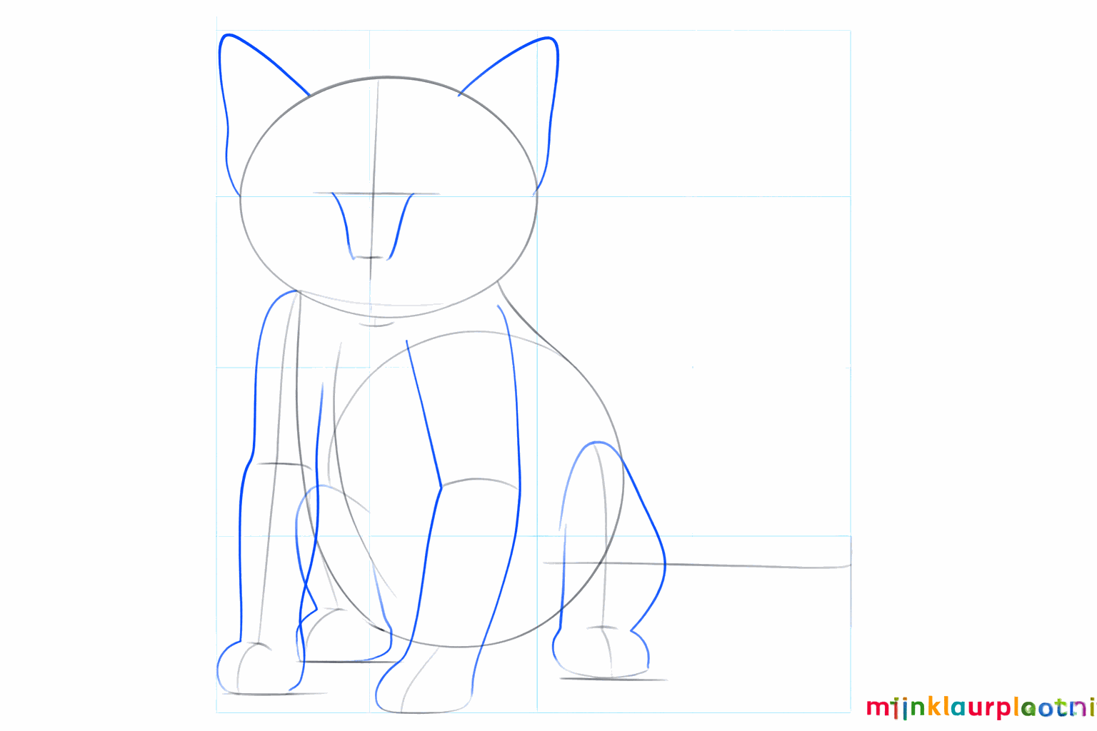 Oreilles triangulaires sur la tête et premières formes des pattes et du nez.