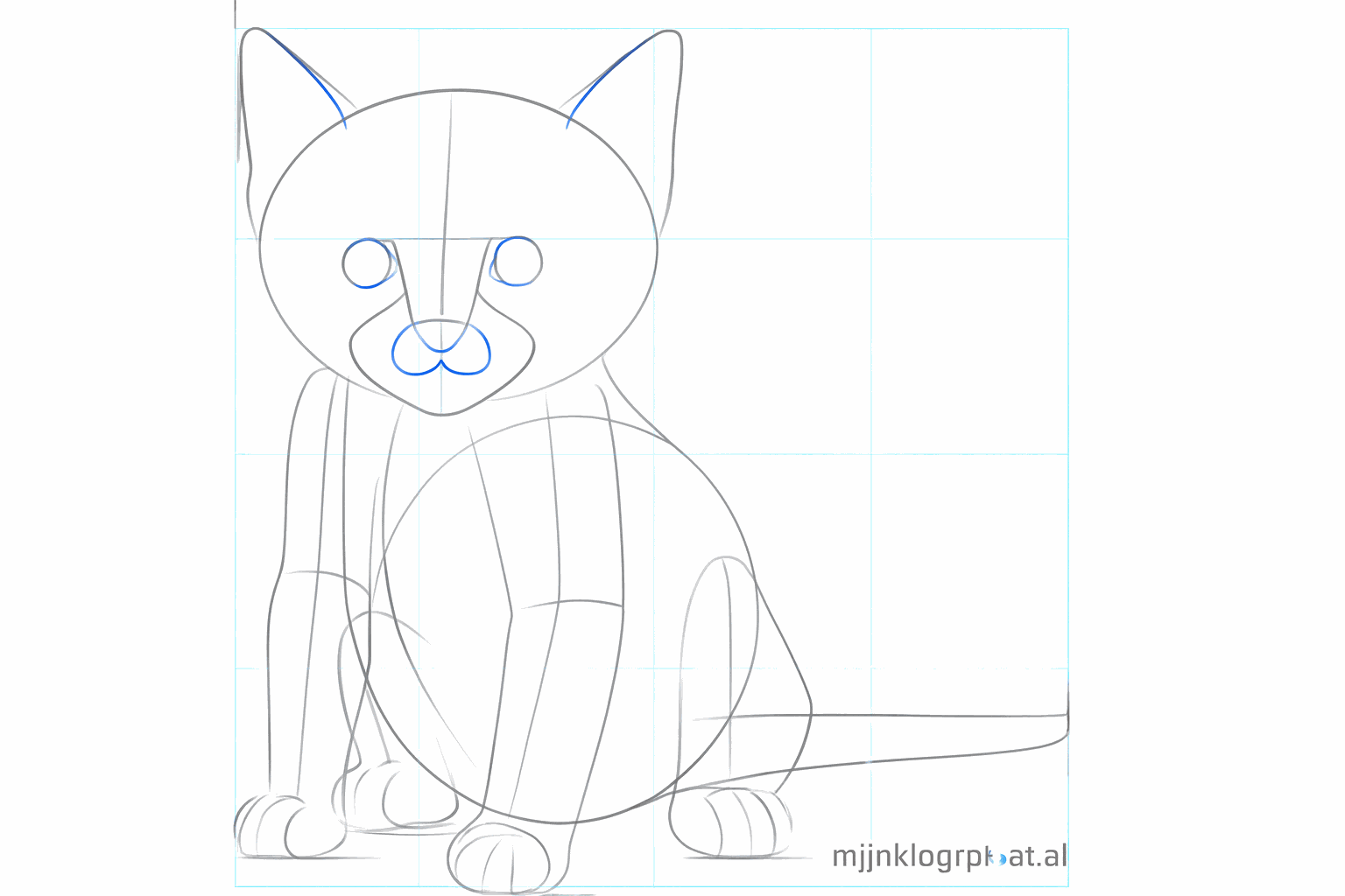 Yeux ronds sur le visage et petits arcs pour les orteils sur les pattes.