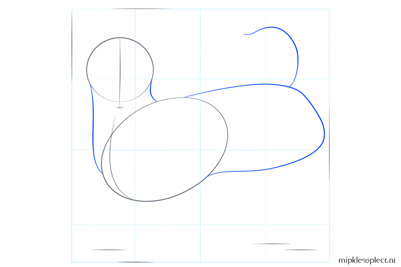 La tête et le corps sont reliés par un cou et une ligne est tracée pour la queue.