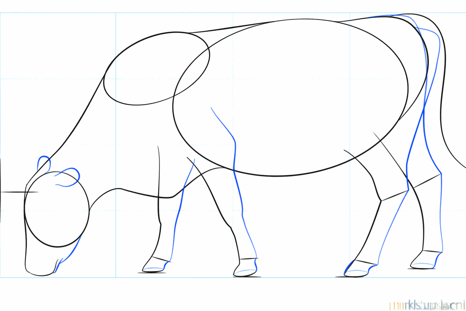 Pattes plus épaisses, oreilles et museau ajoutés à l'esquisse.