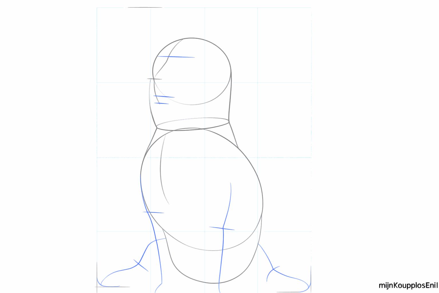 Petits traits sous le corps et dans la tête pour les bonnes proportions.