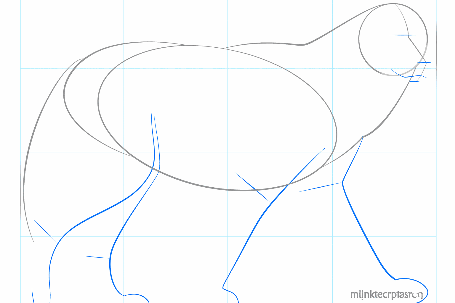 Draw four straight guide lines for the legs under the body of the wolf.