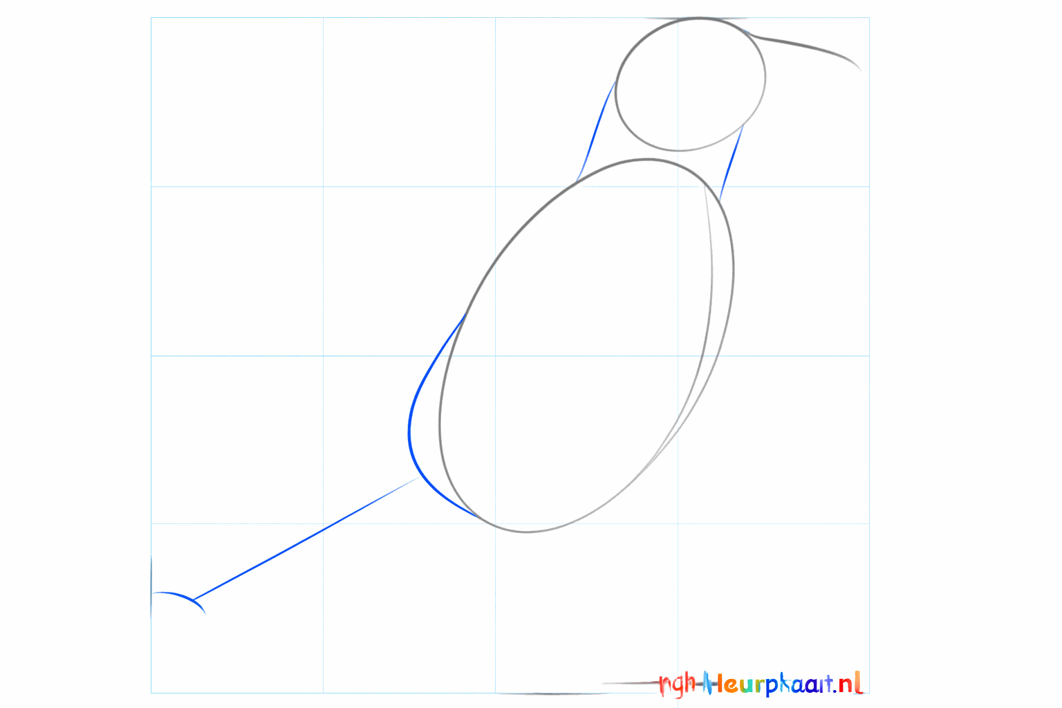 The head and body are now connected and a line sticks out for the tail.