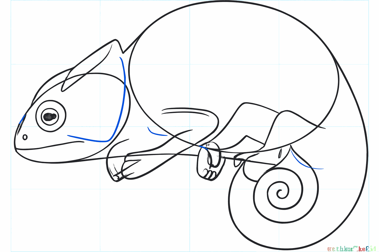 A round eye and small feet on the branch.