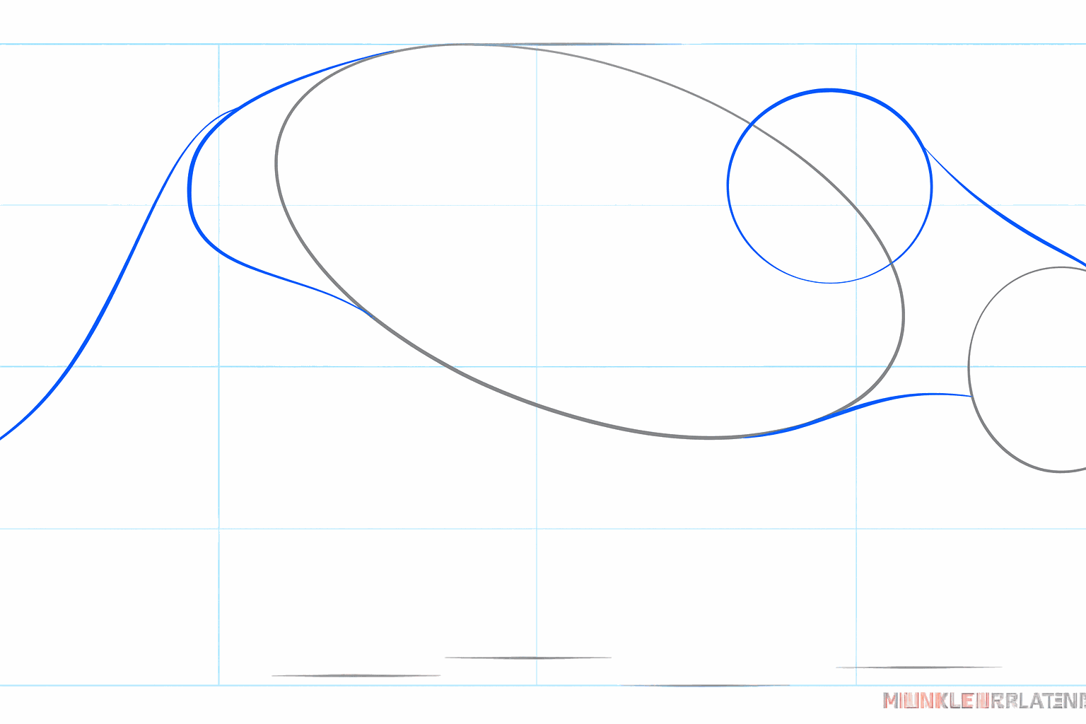 Lines connecting the circle of the head to the oval body of the panther.