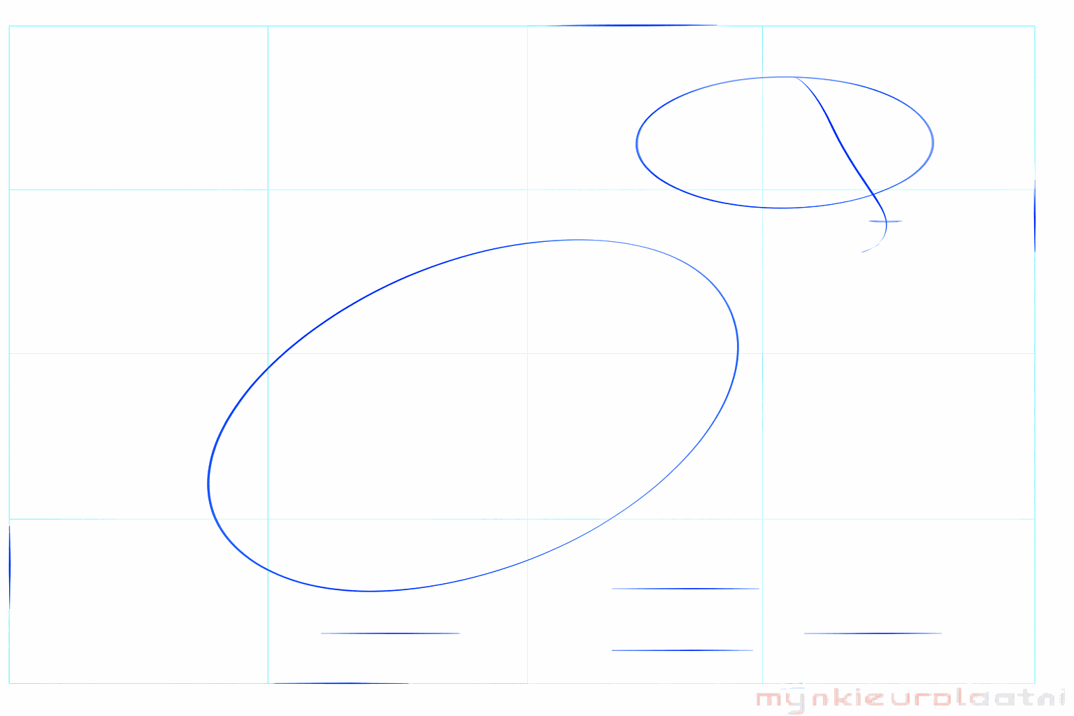 Two ovals for the head and body of a dog with a central guide line.