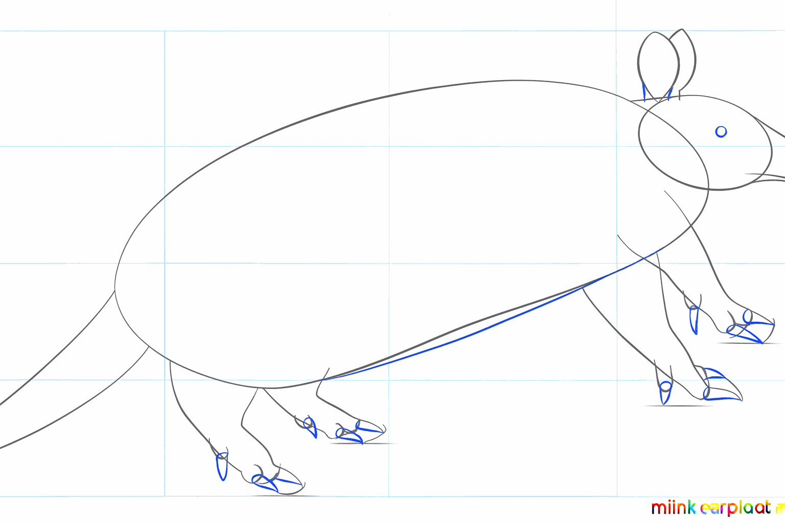 Details of the head with ears, a mouth, and small feet.