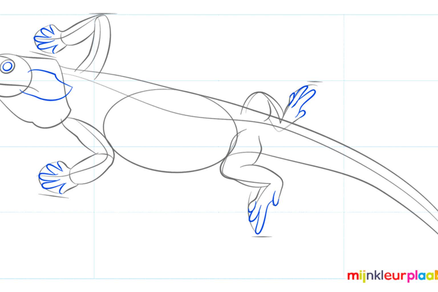 The mouth line and the first start for the reptile's feet.
