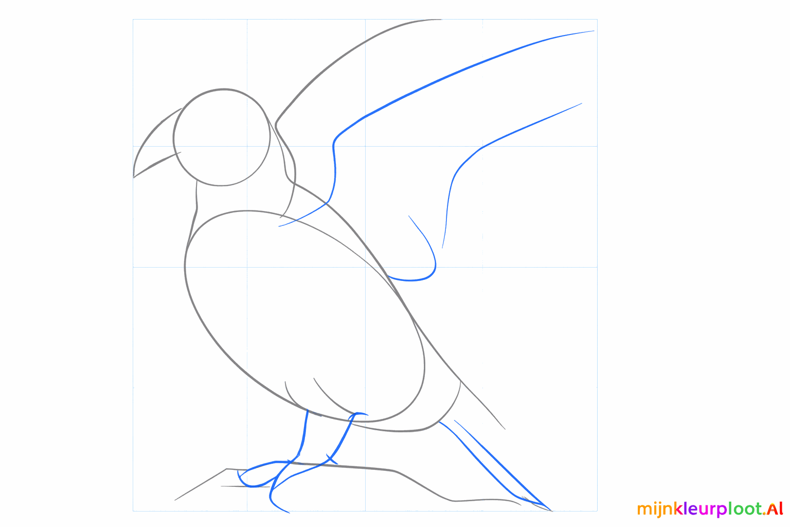 Guide lines for the beak, the wing on the side, and the bird's legs.