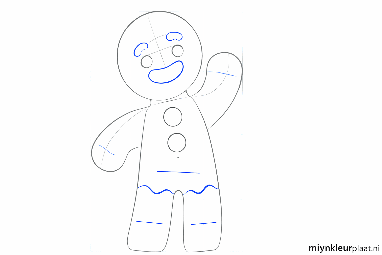 Rounded arms, eyes, and round buttons on the belly of the little man.