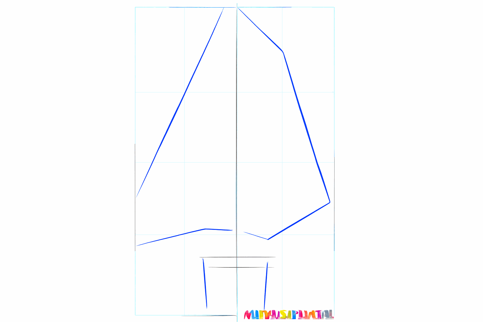 Guide lines indicating the width and height of the tree and the pot.