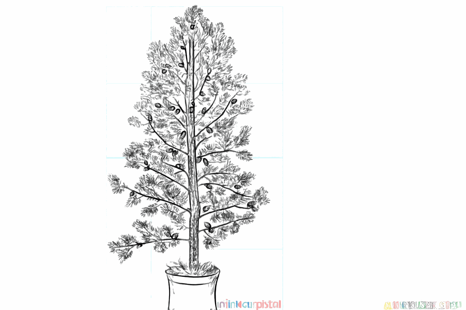 Drawing a cheerful Christmas tree in a pot