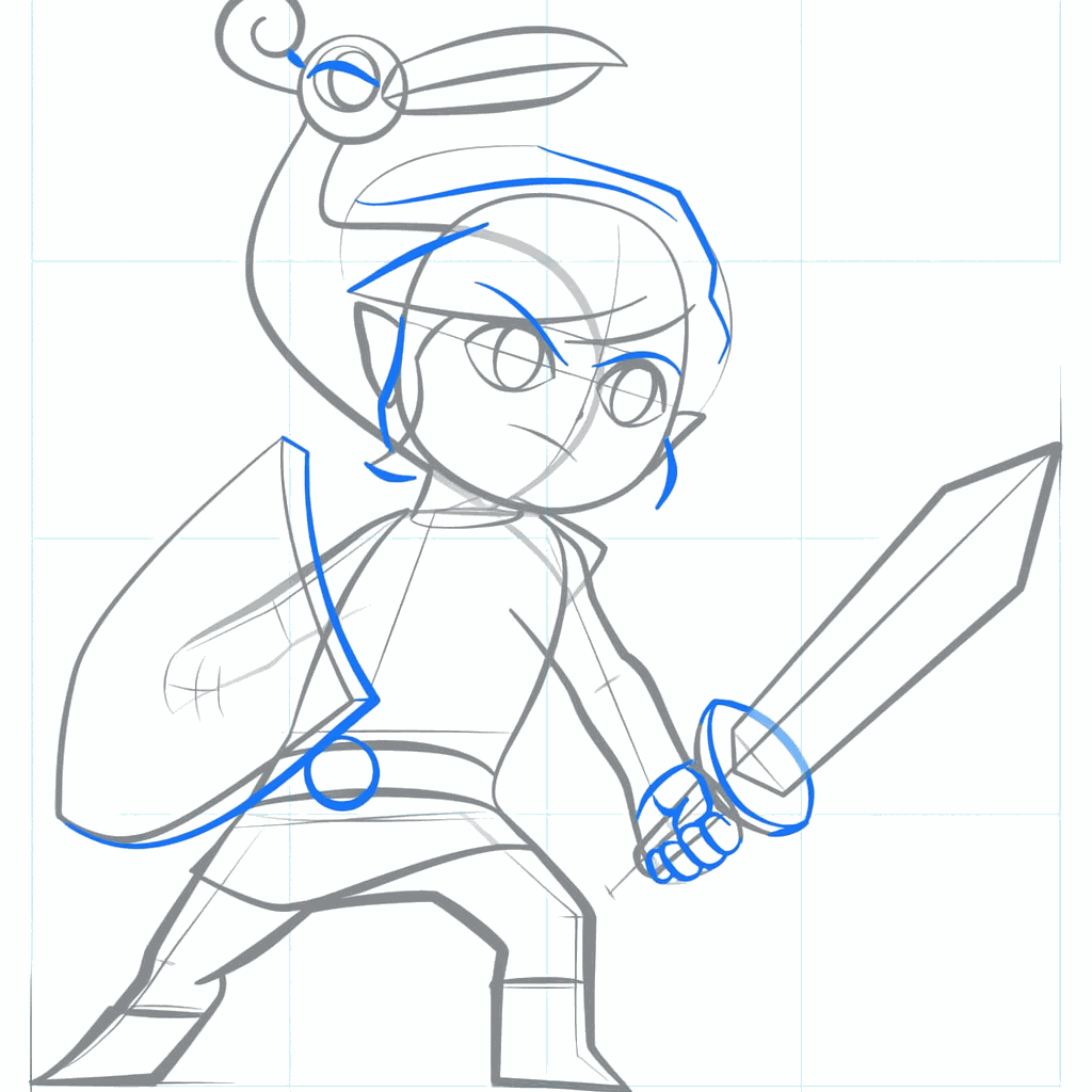 Details of the fingers, the belt buckle, and the top of the sword.