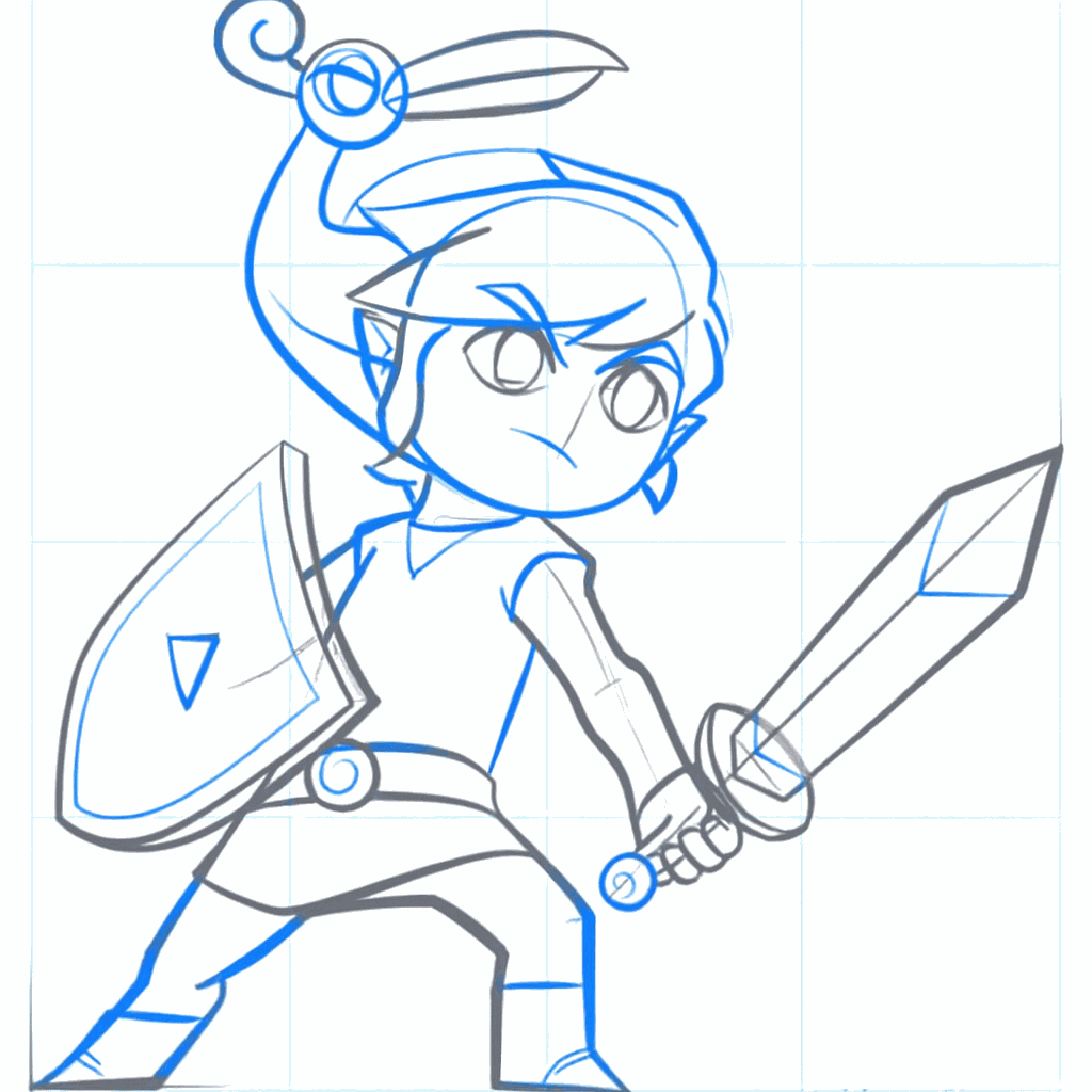 Detailed hair locks on Link and the beginning wings of the bird.