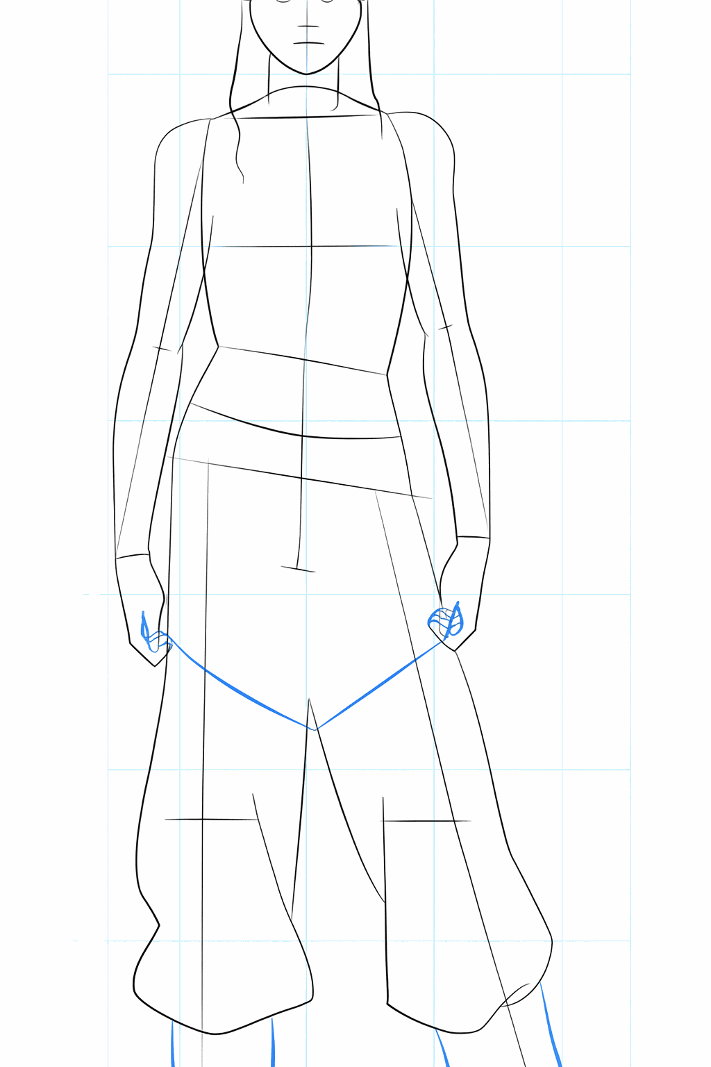 Sketch of the pants and the basic shapes of the hands and feet.
