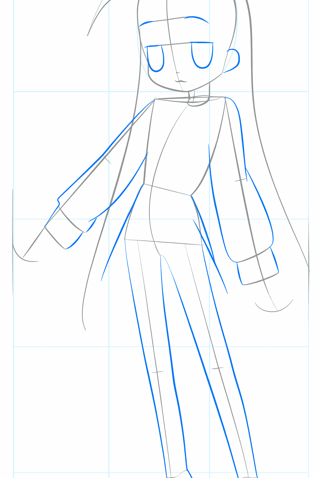 Drawing oval eyes and the shapes of the legs and sleeves.