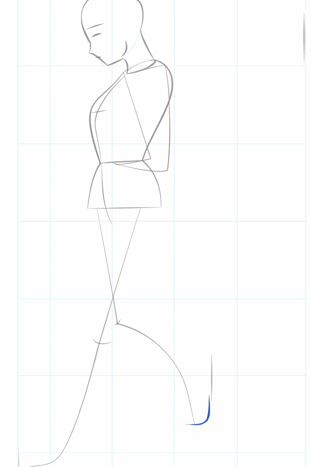 Guide lines for the arms and horizontal marks on the face for the eyes.