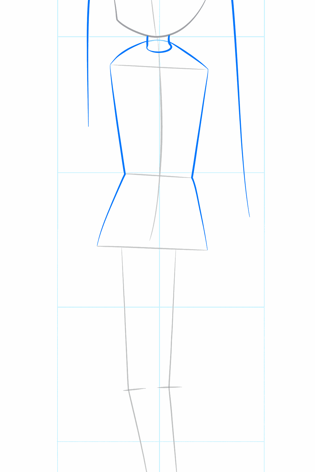 Sketch of the neck and the first contours of the anime hairstyle.