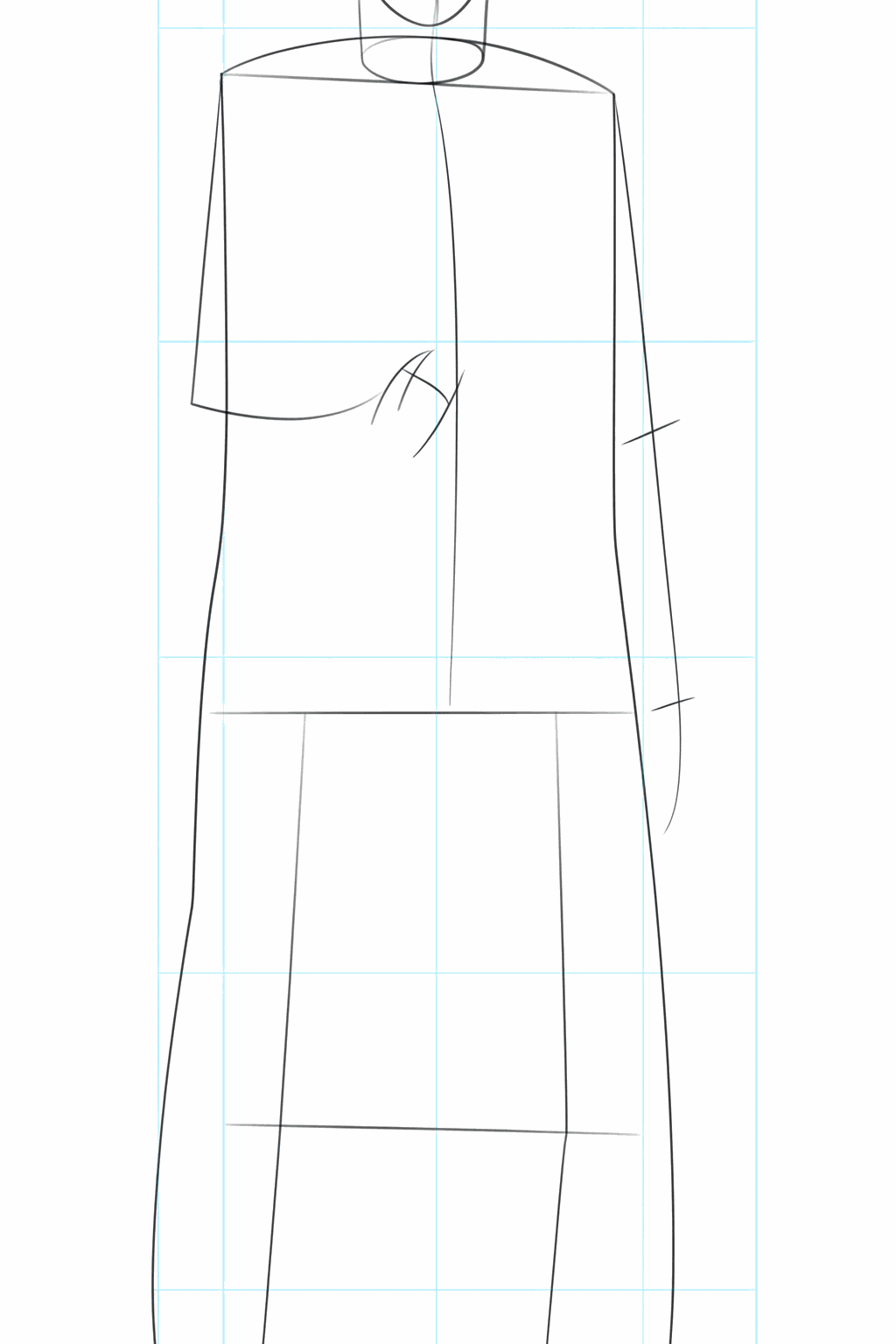 Lines indicating the position of the arms, legs, and eyes.