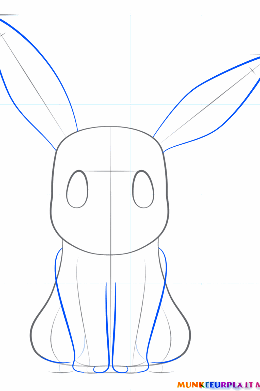 Draw the thick ears and the first lines for Eevee's paws.